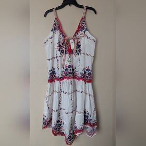 NWT! Celandine Plunge-Neck Drop-Waist Cotton Midi Dress, Red, White, & Blue (M)